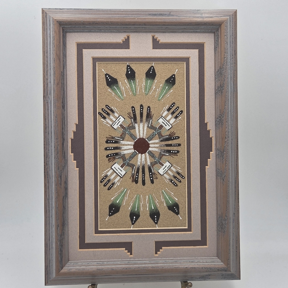 Authentic w/ COA Navajo Sand Painting By Dreace Benjamin Green Black White Red
